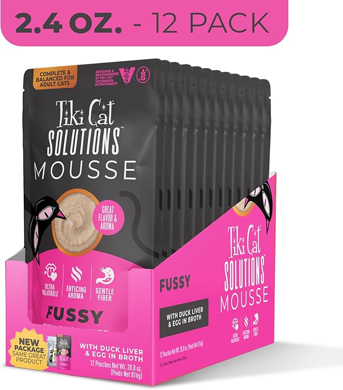 Tiki Cat Solutions Fussy Mousse, Duck Liver &amp; Egg, Specially Formulated to Support Healthy Digestion, Functional Wet Cat for Adult Cats, 2.4 oz. Pouch (12 Count)