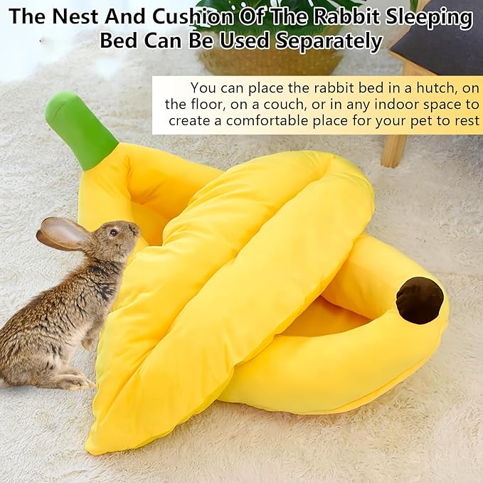 Bunny Bed,Rabbit Bed,Thick&amp;Soft with Removable Mat,Machine Washable Guinea Pig Cushion,Cozy Bunny Plush House,Warm Small Animal Sleeping Beds(Yellow Banana Shape-M)