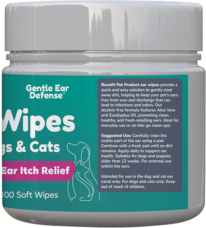 Benefit Pet Products Dog Ear Wipes - Ear Cleaner for Dogs to Prevent Infections, Itching &amp; Odor - Aloe &amp; Eucalyptus, Grooming Wipes - 100 Count