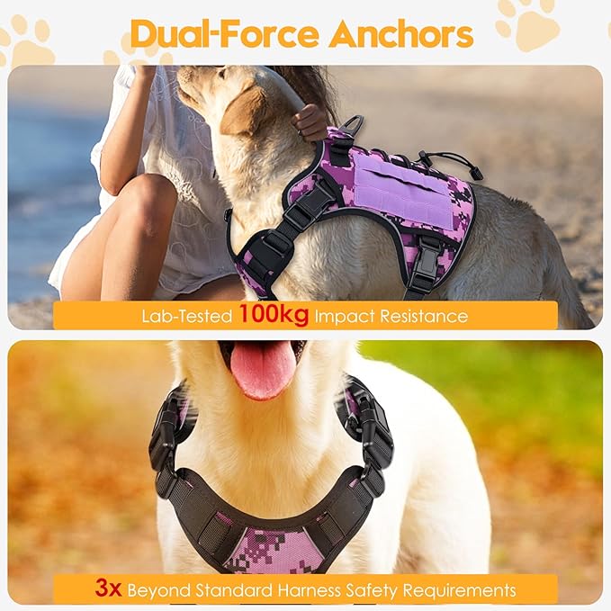 Heavy-Duty Tactical Dog Harness for Large Dogs, No Pull Adjustable Reflective Pet Vest with Molle System, K9 Military-Grade Control for Service Training, Outdoor &amp; 10+ Breeds, Purple Camo, XX-Large