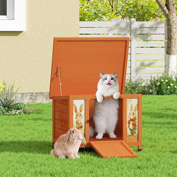 COZIWOW 24in Wooden Cat House Outdoor &amp; Indoor Pet Shelter with Foldable Ramp - Weatherproof Rabbit Hutch with Unique Machine-Printed Art Designs for Cat, Rabbit, Guinea Pig (Orange)
