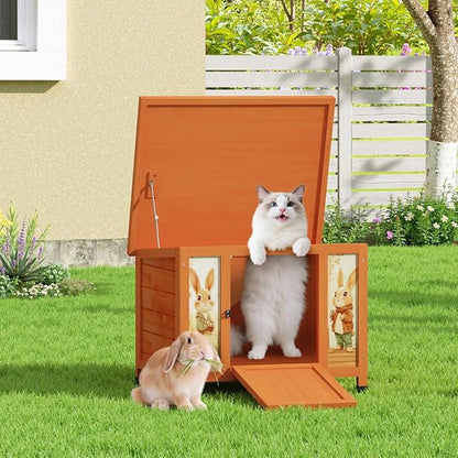COZIWOW 24in Wooden Cat House Outdoor &amp; Indoor Pet Shelter with Foldable Ramp - Weatherproof Rabbit Hutch with Unique Machine-Printed Art Designs for Cat, Rabbit, Guinea Pig (Orange)