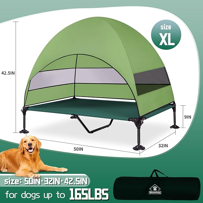 Elevated Outdoor Dog Bed with Canopy &amp; Adjustable Feet - Larger Shade for Camping, Backyard &amp; Patio