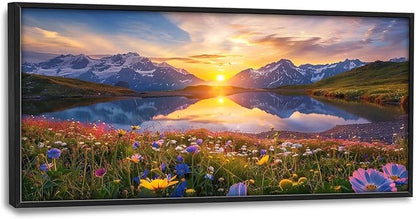 Mountain Large Wall Art Sunrise Lake Flower Field Pictures Nature Landscape Wall Decor Canvas Print Painting Artwork for Bathroom Living Room Bedroom 60L" x 30W"