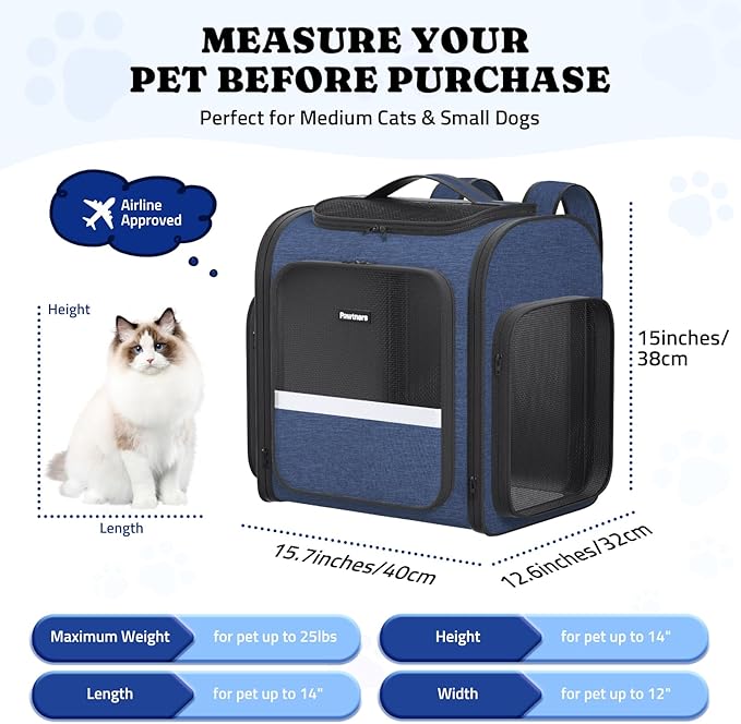 Pawtners Dog Backpack Carrier Dog Carrier with Anti-Scratch Mesh with Great Ventilation, Large Pet Carrier Backpack for Small Dogs &amp; Large Cats, Foldable Designed Pet Backpack Perfect for Travel