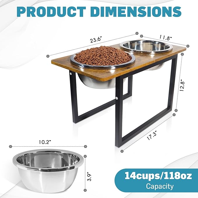 Elevated Dog Bowls for Large &amp; Extra Large Breed Dogs - Raised Dog Feeding Station with Two Stainless Steel Bowls - Helps to Reduce Strain on Dog’s Neck &amp; Joints - 3500 ML Capacity