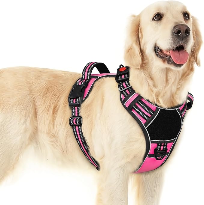 Eagloo Dog Harness for Large Dogs, Easy Wearing with 3 Buckles, Adjustable No Pull Pet Harness with 2 Rings for Walking, No Chock Reflective Soft Padded Vest with Control Handle, Pink &amp; Black, L