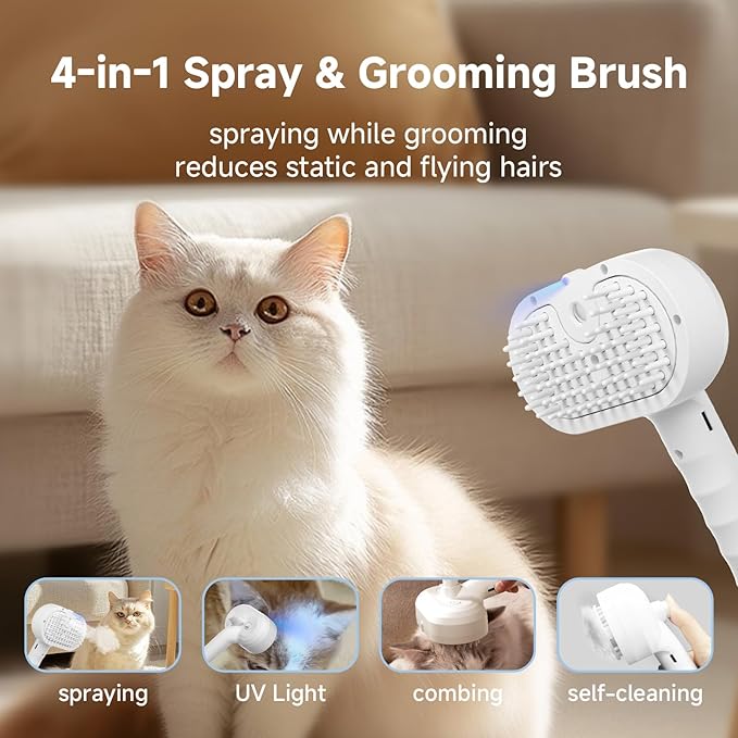 REIKIYA Cat Steam Brush,4-in-1 Spray Hair Removal Dog Brush for Shedding &amp; Grooming with UV Light, Anti-Static Pet Spray Comb with One-Click Release Button