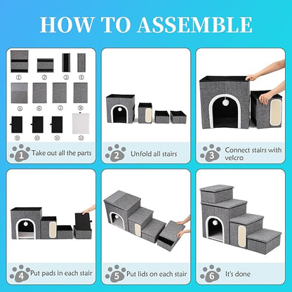 Dog Stairs for Bed and Couch 23“H, Foldable Dog Stairs for Small Older Dogs, 4 in 1 Adjustable Pet Cat Steps Ramps with Storage, Condo, Cat Scratcher, Hold Up to 180LBS, 4 Steps