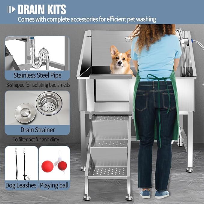 38" Dog Washing Station, Professional Stainless Steel Dog Bathing Station, Equipped with Three Anti-Slip Steps, Removable Door, Upgraded Spray Nozzle&amp;Hose - Ideal for Home, Pet Grooming Salon,L-RAMP