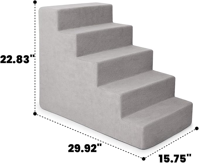 MEWANG Dog Stairs for Small &amp; Medium Dogs and Old Cats –3/4/ 5 Steps High-Density Foam Pet Ramp for Bed &amp; Couch, Non-Slip, Washable Cover, Grey (Square Corner, 5 Steps: 29.92&