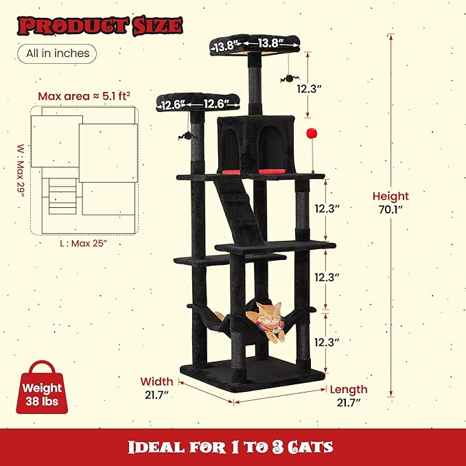 MWPO Gothic Large Cat Tree, 70.1-Inch Multi-Level Tall Cat Tower for Indoor Cats, Plush Cat Condo with Big Padded Perches, Sisal-Covered Scratching Posts, Hammock, Toys for Kittens &amp; Cats, Black