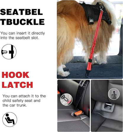 AUBELL Dog Seat Belt for Car,2 Pack Set 3-in-1 Adjustable Reflective Bungee Heavy Duty Dog Car Harness Tether with Clip Hook Latch &amp; Buckle,Swivel Zinc Alloy Carabiner,Black+Red