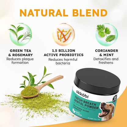 Dog Teeth Cleaning Powder - Dog Breath Freshener + Dental Care for Doggies &amp; Cats + Tartar Remover for Teeth with Natural Ingredients + Probiotics Blend (Mint - 100g)