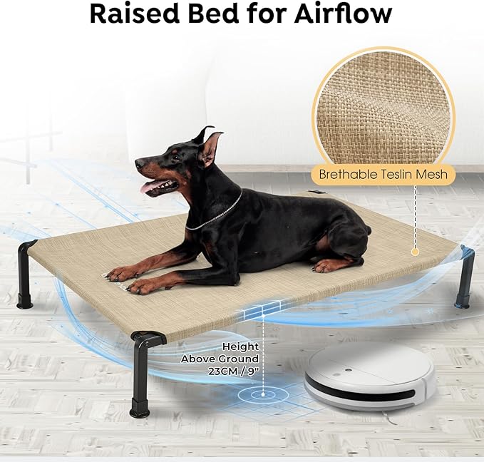 Veehoo Heavy Duty Elevated Dog Bed - Raised Dog Cot with Washable &amp; Breathable Teslin Mesh, Non-Slip Silicon Feet, Cooling for Indoor or Outdoor, 47" x 29", Beige Coffee
