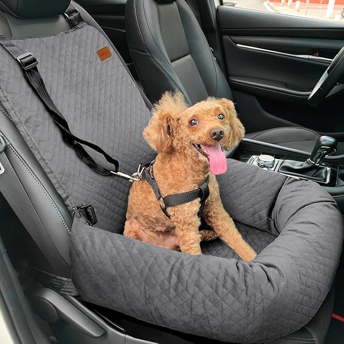 Dog Car Seat for Small Medium Dogs Up to 40lbs, Detachable Washable Soft Pet Booster Travel Bed for Front &amp; Gray Seat with Safety Leash Belt