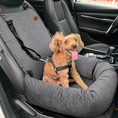 Dog Car Seat for Small Medium Dogs Up to 40lbs, Detachable Washable Soft Pet Booster Travel Bed for Front &amp; Gray Seat with Safety Leash Belt