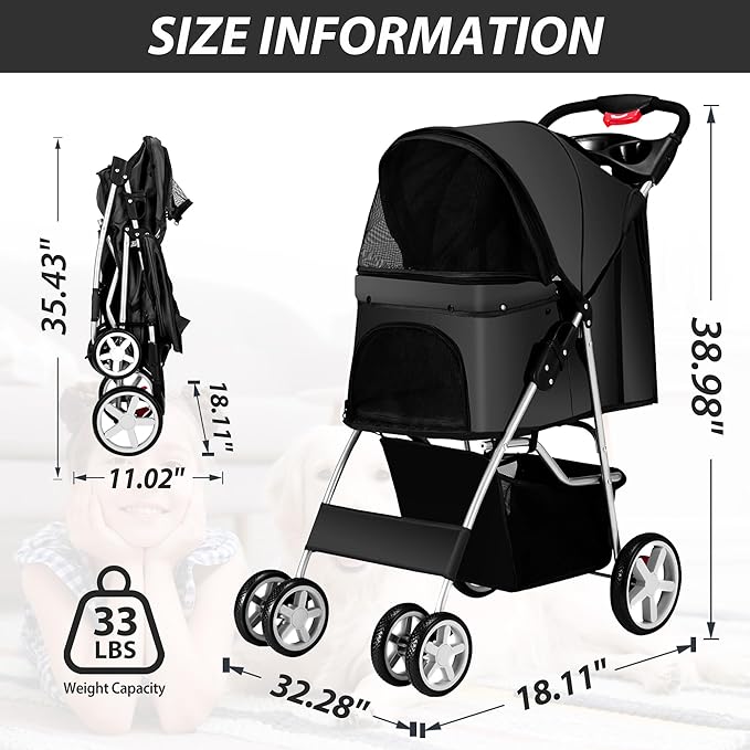 4 Wheels Pet Stroller for Small Medium Dogs Cats 10-33 lbs, Foldable Dog and Cat Stroller with Cup Holder &amp; Storage Basket &amp; Breathable Mesh, Pet Strolling Cart for All-Season, Black