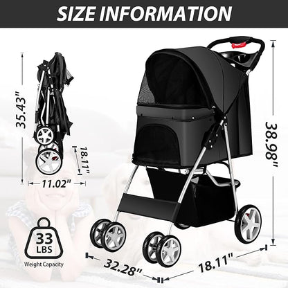 4 Wheels Pet Stroller for Small Medium Dogs Cats 10-33 lbs, Foldable Dog and Cat Stroller with Cup Holder &amp; Storage Basket &amp; Breathable Mesh, Pet Strolling Cart for All-Season, Black