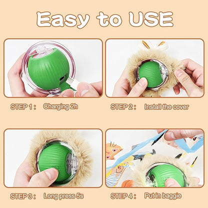 Rocfish Interactive Cat Toys Ball - Automatic Fast Rolling Ball in Play Mat, Hide and Seek Mouse Catching Game, Low-Noise Cat Enrichment Toys in Pouch for Indoor Bored Cats (Green Toy &amp; Square Mat)