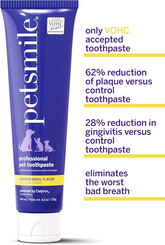 Petsmile Professional Pet Toothpaste for Cats &amp; Dogs - Only VOHC Accepted Toothpaste - Clinically Proven to Control Plaque &amp; Tartar Calprox Formula (London Broil, 4.2 Oz)