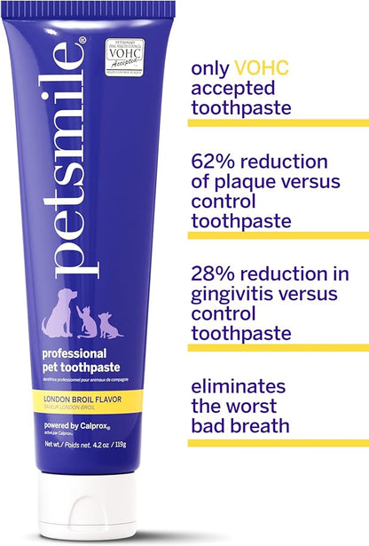 Petsmile Professional Pet Toothpaste for Cats &amp; Dogs - Only VOHC Accepted Toothpaste - Clinically Proven to Control Plaque &amp; Tartar Calprox Formula (London Broil, 4.2 Oz)