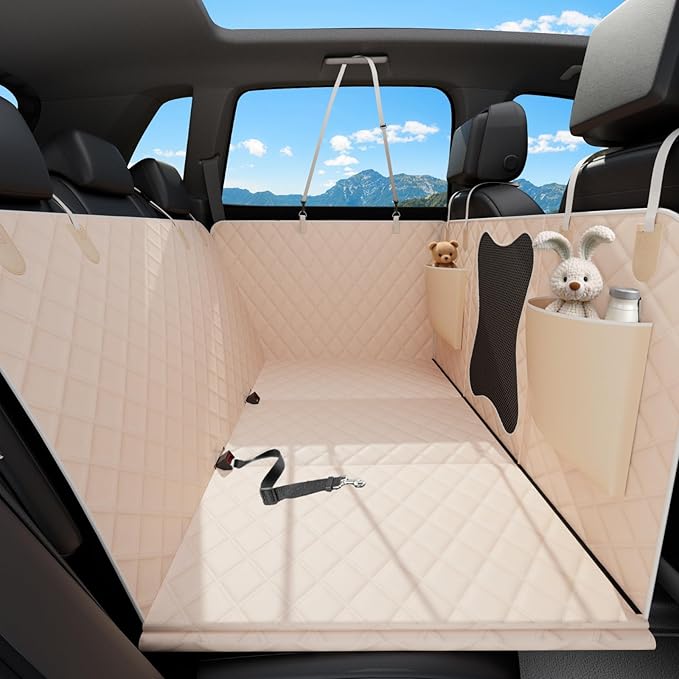Waterproof Dog Car Seat Cover for Back Seat – Heavy Duty Back Seat Extender for Dogs with Hard Bottom, 7-Layer Protection, Non-Slip &amp; Scratchproof, Easy to Install (Beige)