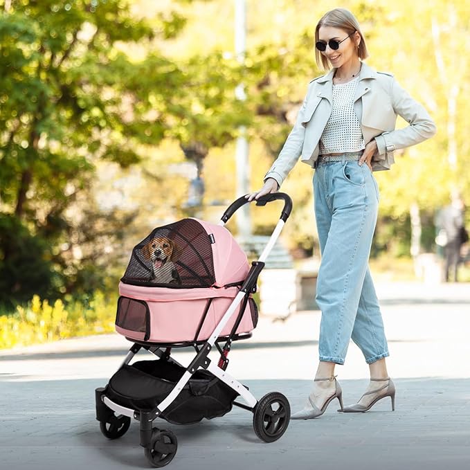Pet Stroller for Medium Small Dog &amp; Cat, Foldable Lightweight Dog Stroller with Storage Basket Pet Travel Carriage with Safety Leashes, 4 Wheel, Pink