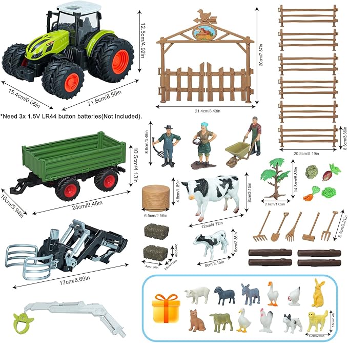 46Pcs Farm Toys, Tractor Toy w/Lights &amp; Sound, Farm Animals Toys for 3 4 5 6 7 8+ Year Old Toddler Girls Boys Kid, Figures Farmer Vehicle Truck Fence Farm Playset Educational Learning Toys