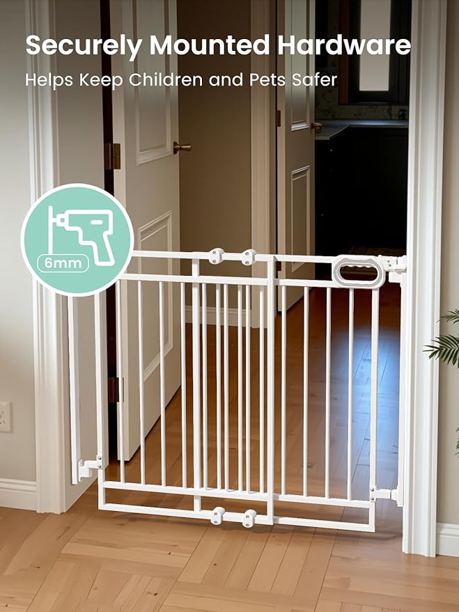 Grownsy Baby Gate for Stairs- No Bottom Bar, Adjustable Width 32” to 48” for Child and Pet, Dog Gate with Auto-Close &amp; One-Hand Operation, Screw-in Installation for Doorways and Indoor Use