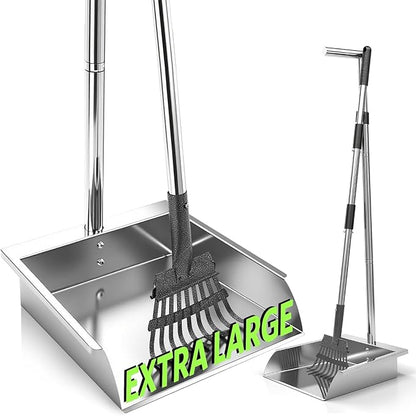 Heavy Duty Metal Pooper Scooper, Dog Pooper Scooper for Large Medium Dogs Long Handle Stainless Tray and Rake Set，Extremely Durable Metal Stainless Steel Dustpan for Indoor Outdoor Cleaning 。