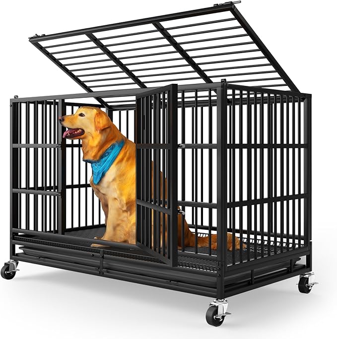 LEVELEVE 54 Inch Heavy Duty Indestructible Dog Crates for Large Dogs，Escape Proof Dog Cage Large Dogs with Lockable Wheels，Dog Kennel Furniture Indoor&amp;Outside