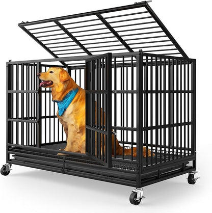 LEVELEVE 38 Inch Heavy Duty Indestructible Dog Crates for Large Dogs，Escape Proof Dog Cage Large Dogs with Lockable Wheels，Dog Kennel Furniture Indoor&amp;Outside