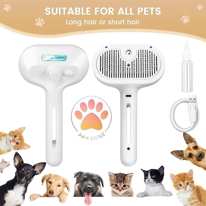 Cat steam brush – Effective Pet Brush for Indoor Cats, Steam Technology for Shedding, Mats &amp; Grooming – Ideal cat brush indoor for Deep Cleaning (White)
