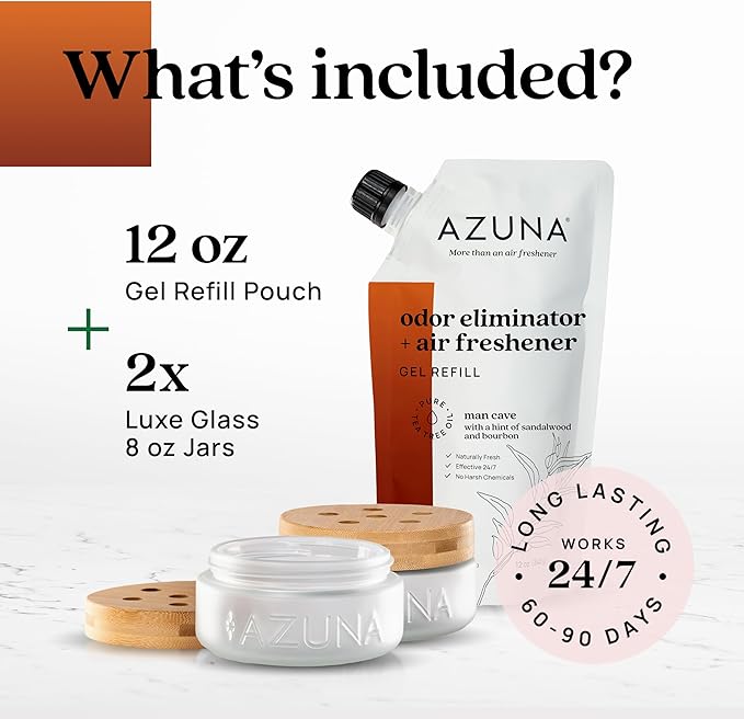 Azuna Air Freshener &amp; Odor Eliminator for Strong Odor | 2 Room Kit Includes (2) Empty Luxe Glass Jar &amp; 12oz Gel Refill with Tea Tree Essential Oil | Sandalwood Scent | Last 60-90 Days