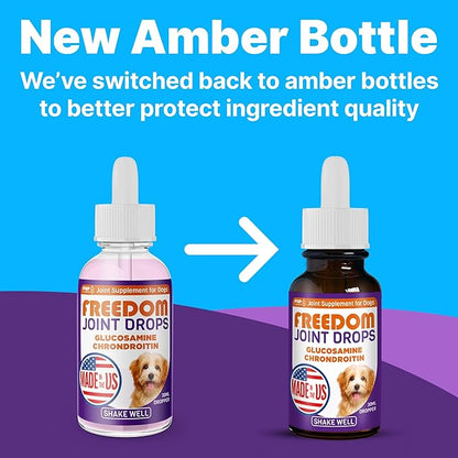 Freedom Joint Drops for Dogs with Hyaluronic Acid, MSM, Glucosamine, &amp; Chondroitin, All Natural Liquid Joint Supplement for Dogs for Pain Relief, Mobility and Hip Support, 30 ml Dropper