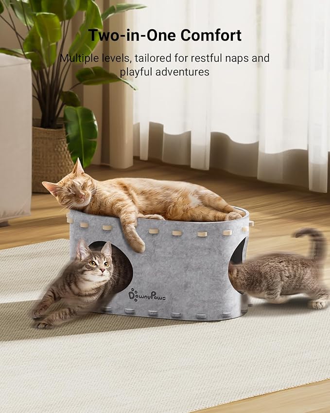 DownyPaws Cat House for Indoor Cats, Cat Bed Cave for Multiple &amp; Large Cats Up to 22 Lbs, Scratch Resistant Peekaboo Cat Caves, Foldable Tunnel Enclosed Bed, PeekaPurr, Marble