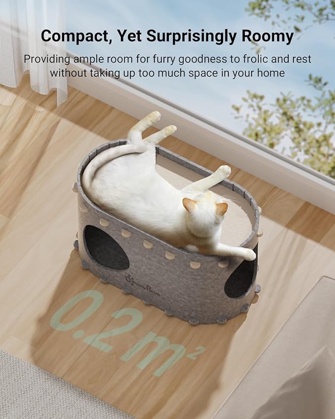 DownyPaws Cat House for Indoor Cats, Cat Bed Cave for Multiple &amp; Large Cats Up to 22 Lbs, Scratch Resistant, Foldable Peekaboo Kitten Caves Tunnel Enclosed Bed, PeekaPurr, Light Gray