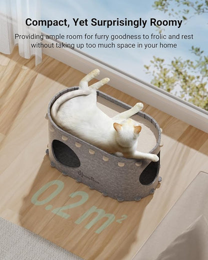 DownyPaws Cat House for Indoor Cats, Cat Bed Cave for Multiple &amp; Large Cats Up to 22 Lbs, Scratch Resistant, Foldable Peekaboo Kitten Caves Tunnel Enclosed Bed, PeekaPurr, Light Gray