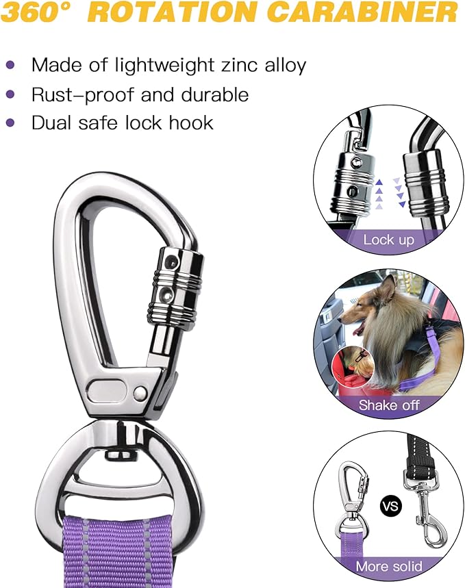 AUBELL Dog Seat Belt for Car,Updated 3-in-1 Adjustable Reflective Bungee Heavy Duty Dog Car Harness Tether with Clip Hook Latch &amp; Buckle,Swivel Zinc Alloy Carabiner,Purple