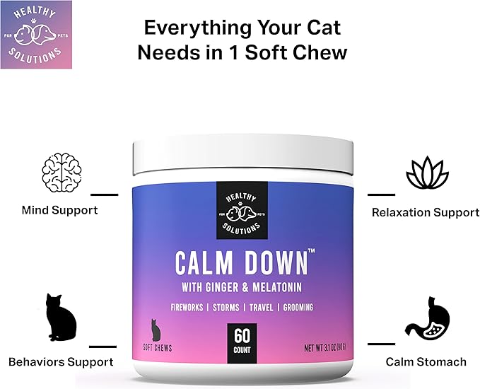 Calming Chews for Cats - Cat Calming Treats for Anxiety, Stress Relief Aid, Storms, Grooming, Fireworks, Separation, Travel, &amp; Motion Sickness - Made in USA (60 Soft Chews- Cat)