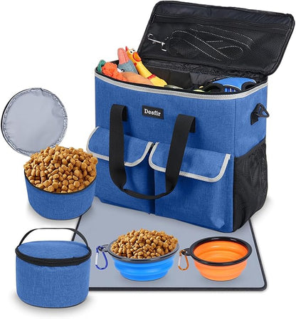 Large Pet Travel Bag Organizer - Dog &amp; Cat Tote with Food Containers, Bowls, Feeding Mat, Perfect for Camping, Hiking (Multi-Pocket Design)