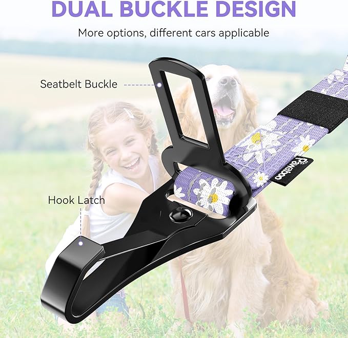 Pawaboo 2Pack Dog Seatbelt for Car, 3-in-1 Dog Car Seat Belt Bungee, Dogs Tether for Cars with Buckle &amp; Hook Latch, Adjustable Reflective Dogs Cars Harness Leash with 360° Lockable Buckle,Light Purple