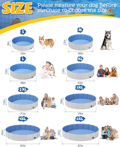 Portable Dog Pool PVC Pet Swimming Hard Plastic Pool Bathtub Collapsible Dog Poo for Pets to Swim and Bath (XL-63"x 12" Light Grey)