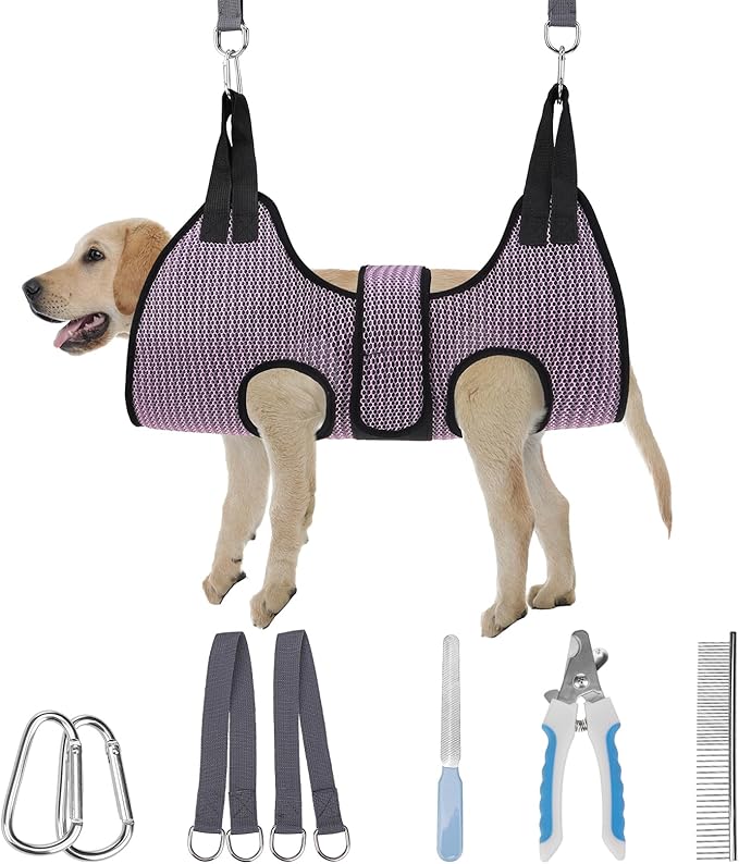 PAWCHIE Dog Grooming Hammock Harness for Dogs &amp; Cats with Pet Nail Clipper Trimmer- Breathable Cat Hanger Sling for Trimming Clipping Nails-Dog Hammock Restraint Bag for Small Medium Large Dog, Pink M