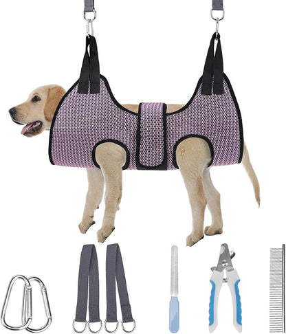PAWCHIE Dog Grooming Hammock Harness for Dogs &amp; Cats with Pet Nail Clipper Trimmer- Breathable Cat Hanger Sling for Trimming Clipping Nails-Dog Hammock Restraint Bag for Small Medium Large Dog, Pink M