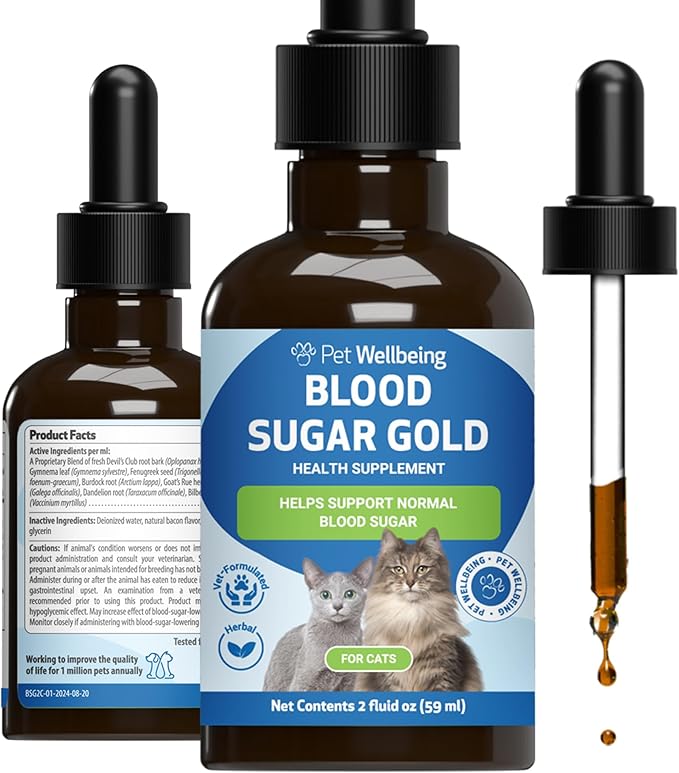 Pet Wellbeing - Blood Sugar Gold for Cats - Natural Support for Healthy Blood Sugar Levels in Diabetic Cats - Insulin Stabilization &amp; Normal Pancreatic Function - 2 oz (59 ml)