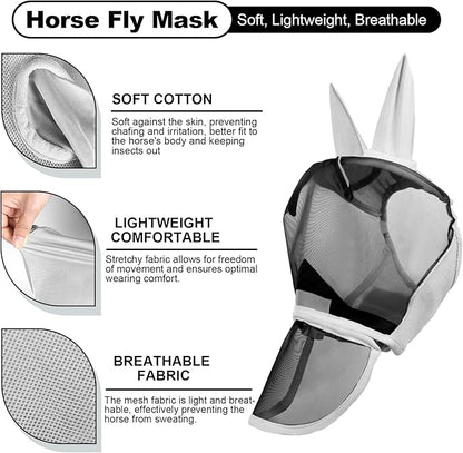 Luminous Horse Fly Mask with Long Nose, Ears, Full Face &amp; Eye Protection - Full Mesh, Detachable Nose Cover, Fleece Padded Edging, Hook-and-Loop Straps with Webbing, Hanging Straps Grey
