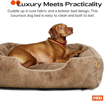 FUZI Luxury Aesthetic Dog Bed with Extra Cover for Medium Dogs, Washable Pet Couch, Pet Bed with Sides, Non-Slip Bottom, Soft &amp; Durable Calming Bed, Faux Rabbit Fur, Medium 31.75x23.6x9.5 Light Brown