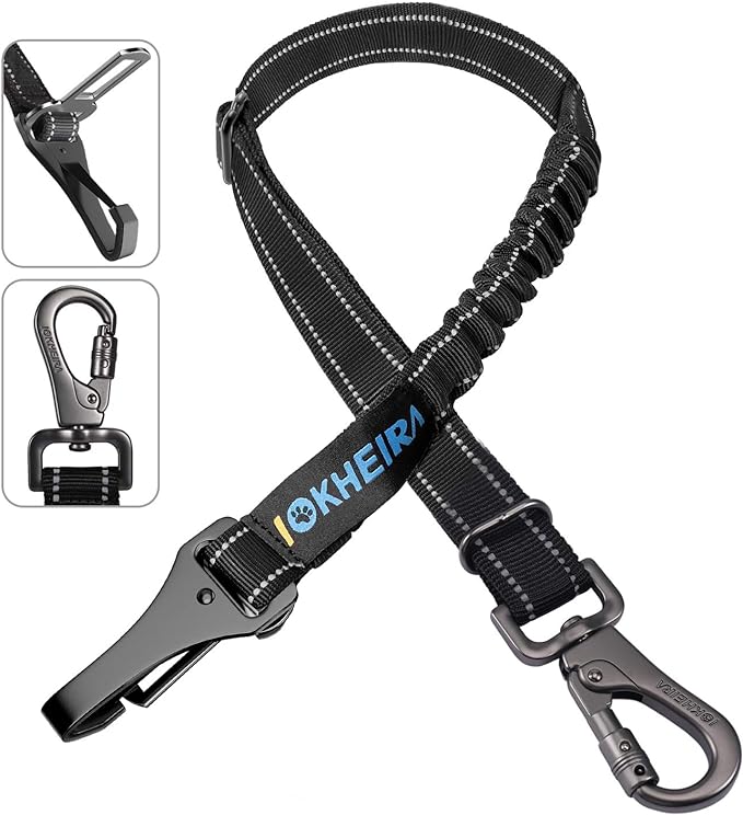 Dog Seat Belt 3-in-1 Car Harness for Dogs Adjustable Safety Seatbelt for Car Nylon Reflective Bungee Fabric Dog Car Harness with Clip Hook Latch &amp; Buckle, Swivel Zinc Alloy Carabiner (Black)